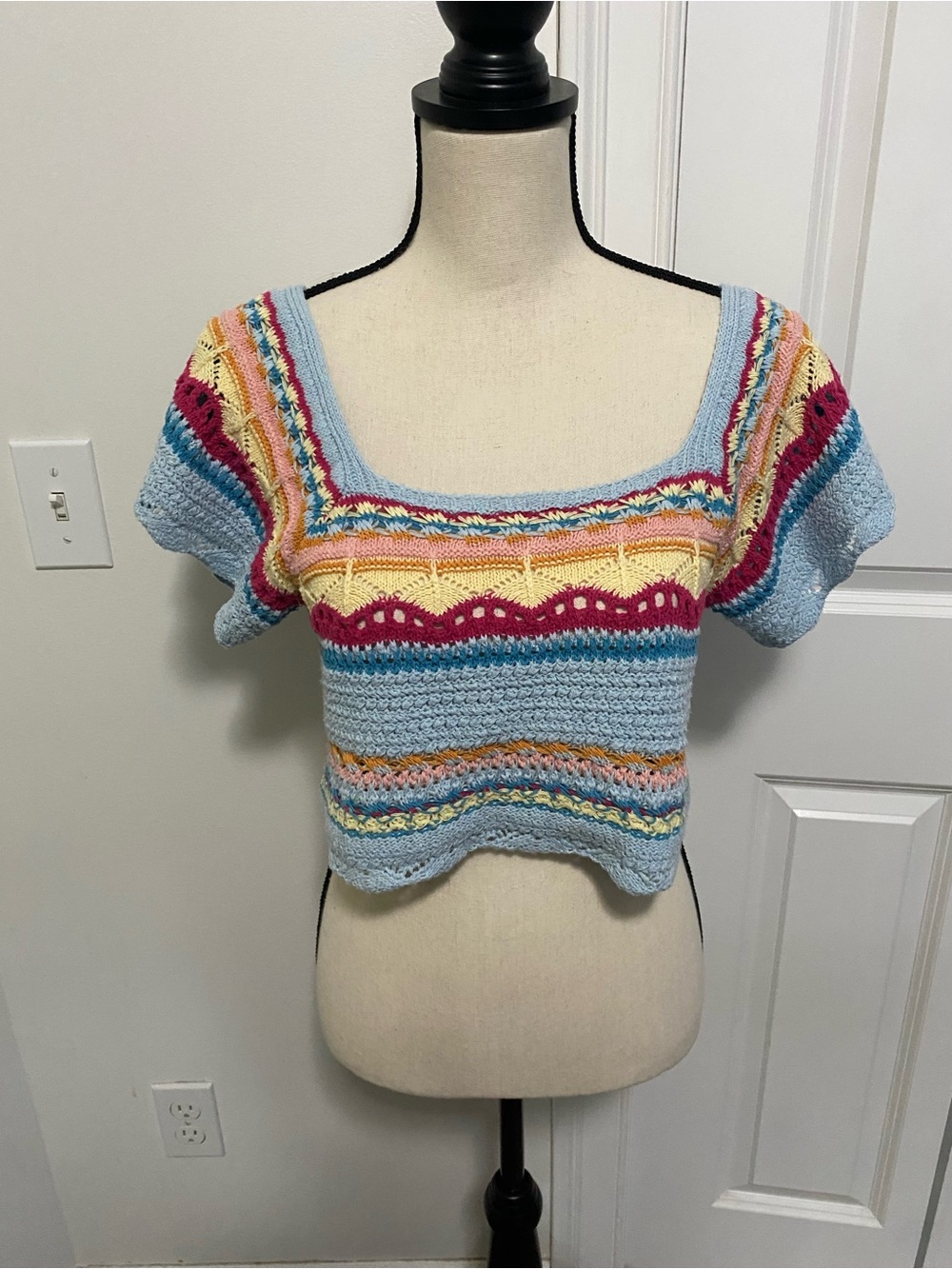 POL Light Blue Multicolor Crochet Crop Top
